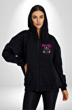 Serin Ve Mutlu Kal Kadın Erkek Siyah Kapüşonlu Fermuarlı Baskılı Hırka Sweatshirt