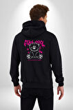 Serin Ve Mutlu Kal Kadın Erkek Siyah Kapüşonlu Fermuarlı Baskılı Hırka Sweatshirt