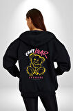 Artık Katlan Kadın Erkek Siyah Kapüşonlu Fermuarlı Baskılı Hırka Sweatshirt