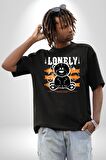 Yalnız Pamuklu Bisiklet Yaka Kadın Erkek Oversize Boyfriend Dijital Baskılı Siyah T-shirt