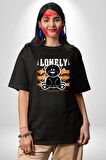 Yalnız Pamuklu Bisiklet Yaka Kadın Erkek Oversize Boyfriend Dijital Baskılı Siyah T-shirt
