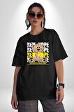 Yeni Umut Pamuklu Bisiklet Yaka Kadın Erkek Oversize Boyfriend Dijital Baskılı Siyah T-shirt