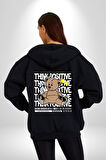 Positive Düşünce  Kadın Erkek Siyah Kapüşonlu Fermuarlı Baskılı Hırka Sweatshirt