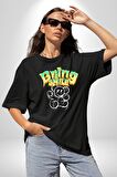 Beyin Gülüşü Pamuklu Bisiklet Yaka Kadın Erkek Oversize Boyfriend Dijital Baskılı Siyah T-shirt