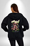 Bugün Değil Kadın Erkek Siyah Kapüşonlu Fermuarlı Baskılı Hırka Sweatshirt