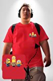 Minion Kırmızı Büyük Beden Kadın Basic Minimal Baskılı Tişört