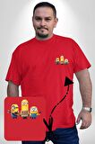 Minion Kırmızı Büyük Beden Kadın Basic Minimal Baskılı Tişört
