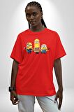 Minion Pamuklu Bisiklet Yaka Kadın Erkek Oversize Boyfriend Dijital Baskılı Kırmızı T-shirt