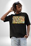The Simpsons Karakterleri Pamuklu Bisiklet Yaka Kadın Erkek Oversize Boyfriend Dijital Baskılı Siyah T-shirt