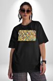 The Simpsons Karakterleri Pamuklu Bisiklet Yaka Kadın Erkek Oversize Boyfriend Dijital Baskılı Siyah T-shirt