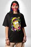 The Simpsons  Pamuklu Bisiklet Yaka Kadın Erkek Oversize Boyfriend Dijital Baskılı Siyah T-shirt