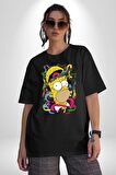 The Simpsons  Pamuklu Bisiklet Yaka Kadın Erkek Oversize Boyfriend Dijital Baskılı Siyah T-shirt