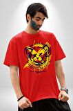 Sebep Olmadan Mutlu OL Pamuklu Bisiklet Yaka Kadın Erkek Oversize Boyfriend Dijital Baskılı Kırmızı T-shirt