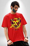 Sebep Olmadan Mutlu OL Pamuklu Bisiklet Yaka Kadın Erkek Oversize Boyfriend Dijital Baskılı Kırmızı T-shirt