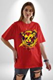 Sebep Olmadan Mutlu OL Pamuklu Bisiklet Yaka Kadın Erkek Oversize Boyfriend Dijital Baskılı Kırmızı T-shirt