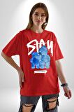 Birlikte Kal Pamuklu Bisiklet Yaka Kadın Erkek Oversize Boyfriend Dijital Baskılı Kırmızı T-shirt