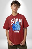 Birlikte Kal Pamuklu Bisiklet Yaka Kadın Erkek Oversize Boyfriend Dijital Baskılı Kırmızı T-shirt