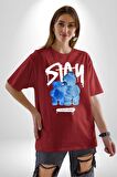 Birlikte Kal Pamuklu Bisiklet Yaka Kadın Erkek Oversize Boyfriend Dijital Baskılı Kırmızı T-shirt