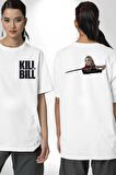 The Kill Bill Sinema Beyaz Oversize Kadın Erkek Ön ve Sırt Baskılı Tişört