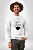 Kahve Müzik Nota Kadın Erkek Beyaz Sweatshirt 