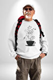 Kahve Müzik Nota Kadın Erkek Beyaz Sweatshirt 