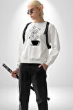 Kahve Müzik Nota Kadın Erkek Beyaz Sweatshirt 