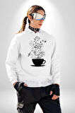 Kahve Müzik Nota Kadın Erkek Beyaz Sweatshirt 