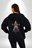 Motosiklet kadın Kadın Erkek Siyah Kapüşonlu Fermuarlı Baskılı Hırka Sweatshirt