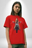 Motosiklet kadın Pamuklu Bisiklet Yaka Kadın Erkek Oversize Boyfriend Dijital Baskılı Kırmızı T-shirt