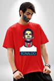 Ronaldo Pamuklu Bisiklet Yaka Kadın Erkek Oversize Boyfriend Dijital Baskılı Kırmızı T-shirt