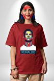 Ronaldo Pamuklu Bisiklet Yaka Kadın Erkek Oversize Boyfriend Dijital Baskılı Kırmızı T-shirt