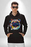 Sulu Boya Pug Köpek Kadın Erkek  Siyah Kapüşonlu Sweatshirt Hoodie