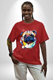 Sulu Boya Pug Köpek Pamuklu Bisiklet Yaka Kadın Erkek Oversize Boyfriend Dijital Baskılı Kırmızı T-shirt