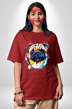 Sulu Boya Pug Köpek Pamuklu Bisiklet Yaka Kadın Erkek Oversize Boyfriend Dijital Baskılı Kırmızı T-shirt