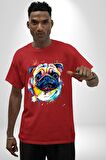 Sulu Boya Pug Köpek Pamuklu Bisiklet Yaka Kadın Erkek Oversize Boyfriend Dijital Baskılı Kırmızı T-shirt