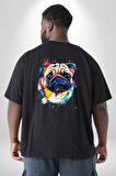 Sulu Boya Pug Köpek Büyük Beden Siyah Tişört Kadın Erkek Ünisex Sırt Baskılı