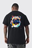 Sulu Boya Pug Köpek Büyük Beden Siyah Tişört Kadın Erkek Ünisex Sırt Baskılı