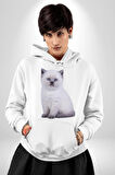 Beyaz Yavru Kedi Kadın Erkek  Beyaz Kapüşonlu Sweatshirt Hoodie