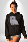 Beyaz Yavru Kedi Kadın Erkek  Siyah Kapüşonlu Sweatshirt Hoodie