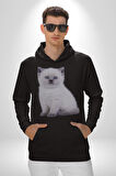 Beyaz Yavru Kedi Kadın Erkek  Siyah Kapüşonlu Sweatshirt Hoodie