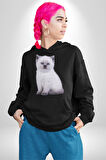 Beyaz Yavru Kedi Kadın Erkek  Siyah Kapüşonlu Sweatshirt Hoodie