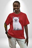Beyaz Yavru Kedi Pamuklu Bisiklet Yaka Kadın Erkek Oversize Boyfriend Dijital Baskılı Kırmızı T-shirt