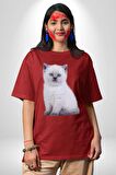 Beyaz Yavru Kedi Pamuklu Bisiklet Yaka Kadın Erkek Oversize Boyfriend Dijital Baskılı Kırmızı T-shirt