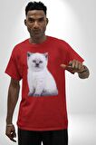 Beyaz Yavru Kedi Pamuklu Bisiklet Yaka Kadın Erkek Oversize Boyfriend Dijital Baskılı Kırmızı T-shirt