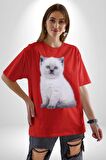 Beyaz Yavru Kedi Pamuklu Bisiklet Yaka Kadın Erkek Oversize Boyfriend Dijital Baskılı Kırmızı T-shirt