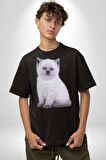 Beyaz Yavru Kedi Pamuklu Bisiklet Yaka Kadın Erkek Oversize Boyfriend Dijital Baskılı Siyah T-shirt