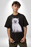 Beyaz Yavru Kedi Pamuklu Bisiklet Yaka Kadın Erkek Oversize Boyfriend Dijital Baskılı Siyah T-shirt