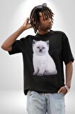 Beyaz Yavru Kedi Pamuklu Bisiklet Yaka Kadın Erkek Oversize Boyfriend Dijital Baskılı Siyah T-shirt