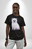 Beyaz Yavru Kedi Pamuklu Bisiklet Yaka Kadın Erkek Oversize Boyfriend Dijital Baskılı Siyah T-shirt