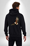 Kartal Özgürlük Kadın Erkek Siyah Kapüşonlu Fermuarlı Baskılı Hırka Sweatshirt